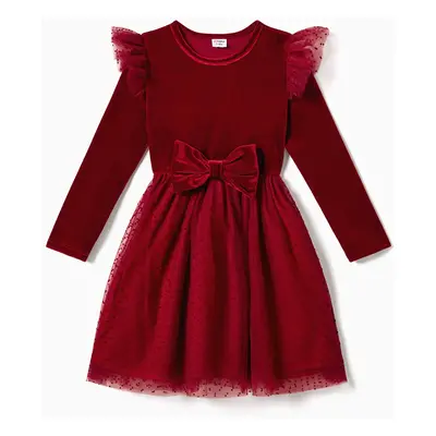 Christmas Family Matching Long Sleeve Color-block Tops & Velvet Dresses Sets