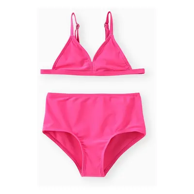 Girl's 2pcs Solid Color Swimsuit with Hanging Strap, Tight Fit, Polyester-Spandex Material