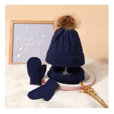 3-pack Baby / Toddler Pompon Decor Pure Color Cable Knit Beanie Hat and Scarf and Mittens Set