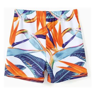 Family Matching Drawstring Swim Trunks or Orange Floral Ruffle Sleeves Cross Bikini