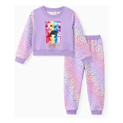 Rainbow High Toddler/Kid Girl 2pcs Character Letter Gradient Print Long-sleeve Sweatshirt And Pa