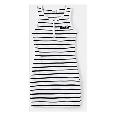 Family Matching Stripe Short Sleeves Tee and Henley Neck Stripe Sleeveless Besties Dress Sets