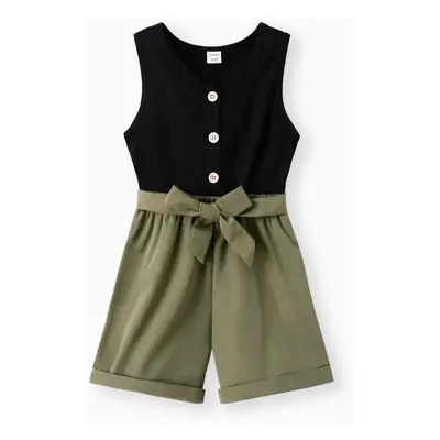 Kid Girl Button Design Sleeveless Belted Splice Rompers Jumpsuits Shorts