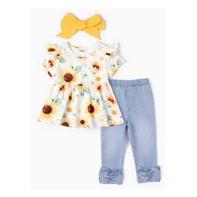 Baby Girl 3pcs Cooling Denim Floral Print Top and Jeans with Headband Set