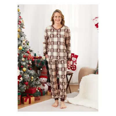 Christmas Pajamas Family Matching Gingerbread Man Graphic Plaid Pattern Henley Neck Button PJs