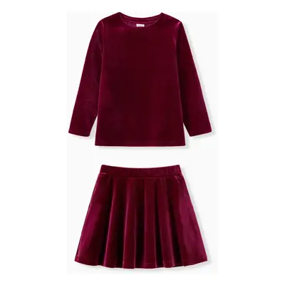 Mommy and Me Red Velvet Long Sleeves Crop Top Pleated Skirt Co-ord Set