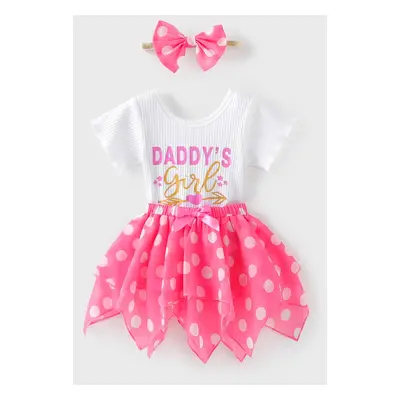 Baby Girl 3pcs Letter Print Romper and Polka dots Skirts and Headband Set