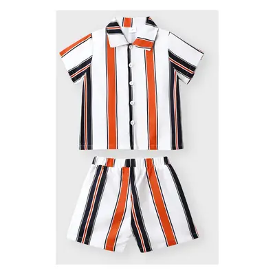 2pcs Toddler Boy Boho Stripe Lapel Collar Shirt and Shorts Set