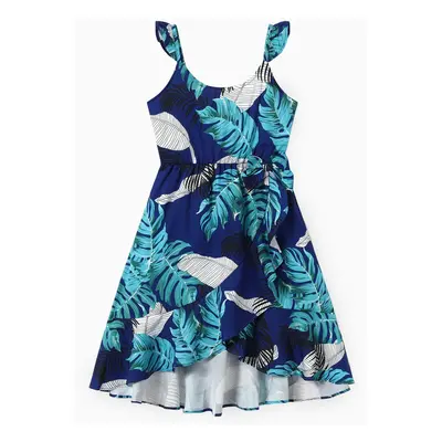 Family Matching Feather and Leaf Pattern Wrap Strap Dress and Beach Shirt Sets