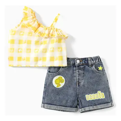 Barbie 2pcs Toddler/Kids Girls One-shoulder Checkered/Plaid Tank Top with Denim Shorts Set