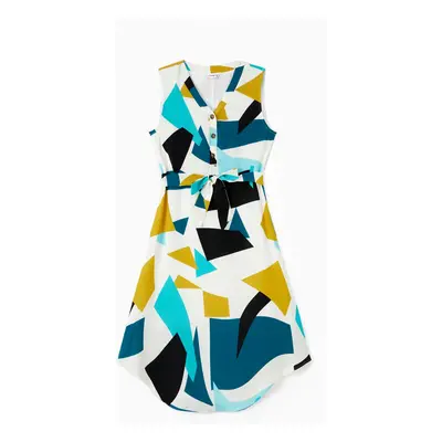 Family Matching Sets Color Block Tee or Geometric Pattern V-Neck Button Sleeveless Belted Dress