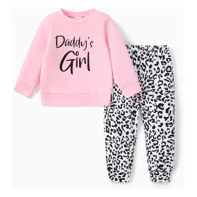 2-piece Baby / Toddler Girl Letter Solid Long-sleeve Top and Leopard Print Pants Set