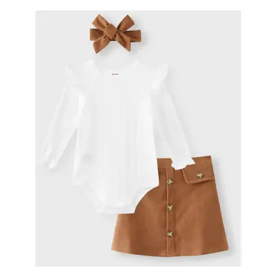 Baby Girl Outfits 3-piece Ruffled Cable Knit Textured White Sweater, Button Design Brown Skirt a