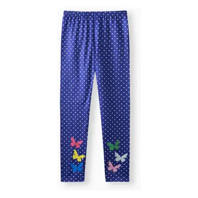 Kid Girl Butterfly Print Fleece Lined Polka Dots/Solid Color Leggings (thicker blue, slightly th