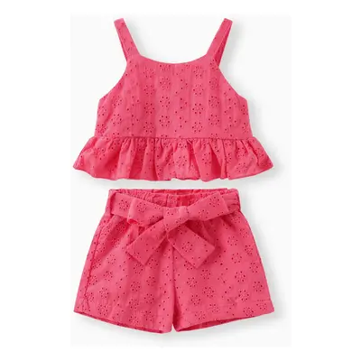 3pcs Baby Girl Solid Eyelet Embroidered Ruffle Hem Crop Tank Top and Shorts & Belt Set