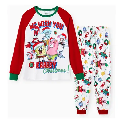 SpongeBob SquarePants Family matching Christmas Print Colorblock Pajama Set(Flame Resistant)