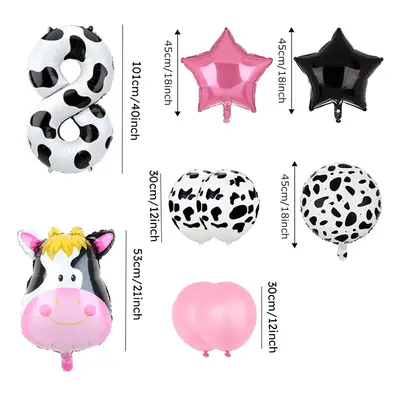 9 Piece Birthday Party Pink Cow Print Latex Balloon Set with Foil Balloons