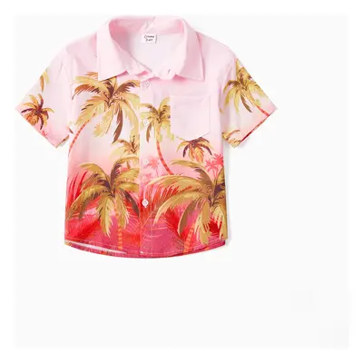 Family Matching Beach Shirt and Pink Tropical Plant Floral V Neck Bow Side Dress Sets