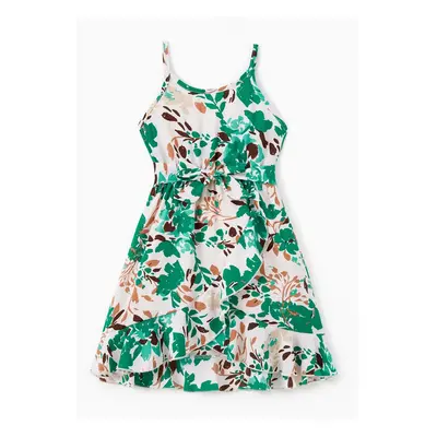 Family Matching Sets Green Solid Color Tee or Floral Pattern Wrap Bottom Strap Dress with Hidden