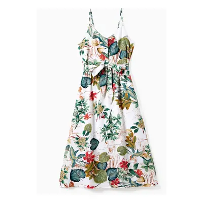 Family Matching Beach Shirt and Floral Button-Front Strap Dress Sets