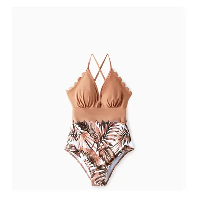 Family Matching Floral Drawstring Swim Trunks or Shell Edge Spliced One-Piece Strap Swimsuit