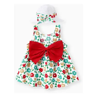 2pcs Floral Print Bowknot Sleeveless Baby Dress & Hat Set