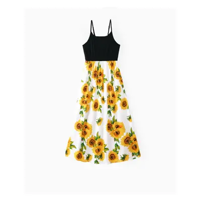 Family Matching Solid Spaghetti Strap Splicing Sunflower Floral Print Dresses and Short-sleeve T