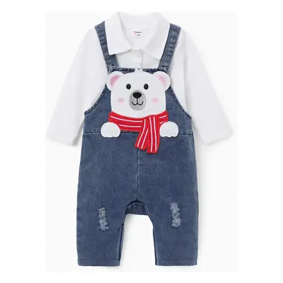 Baby Boy 2pcs Bear Style Polo Shirt and Embroidered Denim Overalls Set