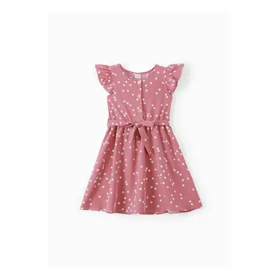 Kid Girl Polka dots Button Design Flutter-sleeve Belted Dress