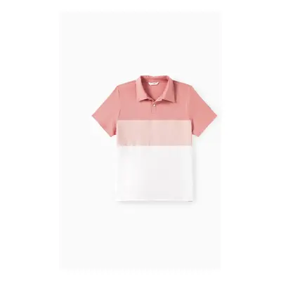 Family Matching Color Block Polo Shirt and Pink Shirred Top Bubble Sleeves Dress Sets