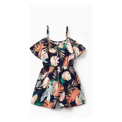 Mommy and Me Floral Leaf Pattern Off-Shoulder Strap Romper