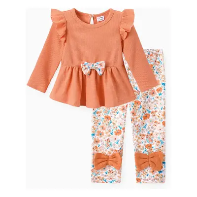 Baby Girl Clothes 2pcs Ruffled Top and Floral Leggings Set