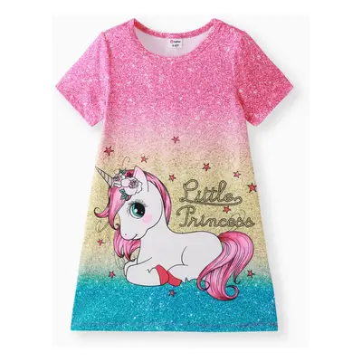 Kid Girl Unicorn Print Short-sleeve Light Pink Dress