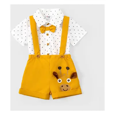 Baby Boy 2pcs Polka Dots Bowknot Shirt and Giraffe Print Overall Shorts Set