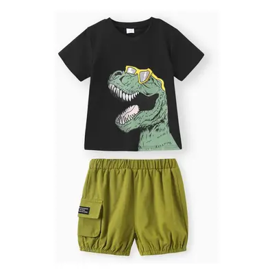 2pcs Toddler Boy Playful Dinosaur Print Tee & Cargo Shorts Set