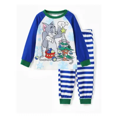 Tom and Jerry Family matching Christmas Striped Print Colorblock Long-sleeve Pajamas Set (Flame 