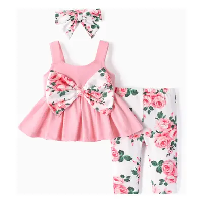 Baby Girl 3pcs Bowknot Cami Top and Floral Pattern Leggings with Headband Set