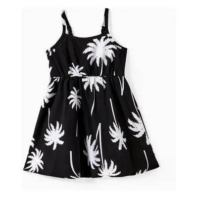 Family Matching Sets Black Coconut Tree Pattern Beach Shirt and Belted Strap Midi Dress