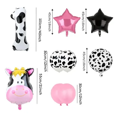 9 Piece Birthday Party Pink Cow Print Latex Balloon Set with Foil Balloons