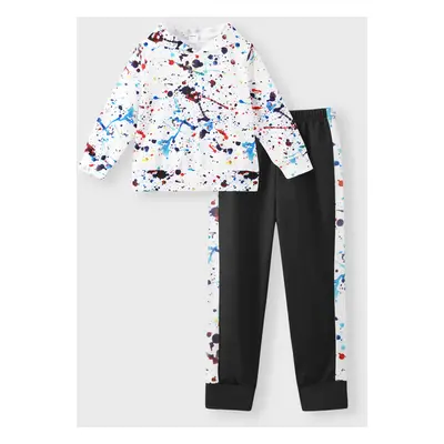 2-piece Kid Boy Painting Print Hoodie and Elasticized Pants Casual Set