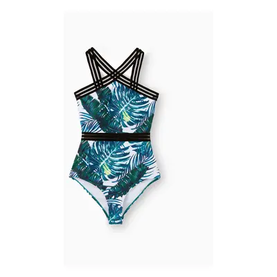 Family Matching Allover Palm Leaf Print Crisscross One-piece Swimsuit and Swim Trunks