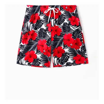 Family Matching Drawstring Swim Trunks or Red Floral Cut Out Ruffle One-Piece Swimsuit