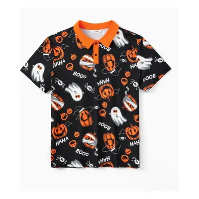 Halloween Family Matching Sets Allover Pumpkin Ghost Spiderweb Pattern Polo Shirt or Ruched Slee