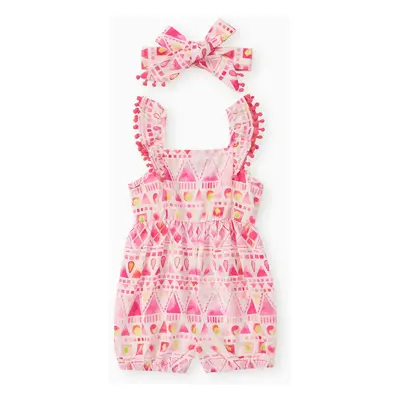 Baby Girl 2pcs Geometric Pattern Flutter Sleeve Jumpsuit and Headband Set