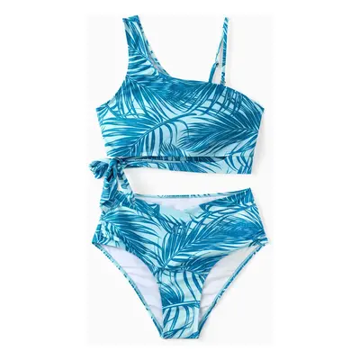 Family Matching Leaf Pattern Drawstring Swim Trunks or One-Shoulder Bikini with Removable Strap