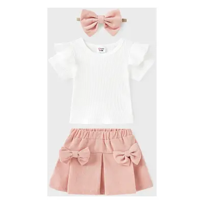 3pcs Baby Girl 95% Cotton Ribbed Ruffle Short-sleeve Tee and Bow Front Skirt & Headband Set