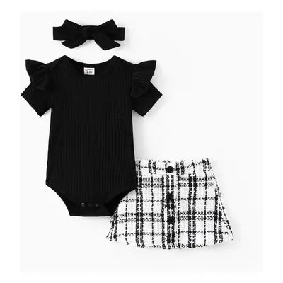 3pcs Baby Girl Black Ribbed Short-sleeve Romper and Tweed Skirt with Headband Set