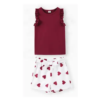 2pcs Kid Girl Flutter-sleeve Tee and Heart Print Belted Shorts Set