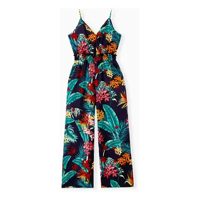 Mommy and Me Matching Tropical Floral Pattern Shirred Waist Long Pants Jumpsuits with Pockets