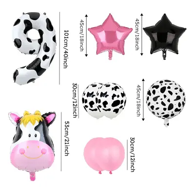 9 Piece Birthday Party Pink Cow Print Latex Balloon Set with Foil Balloons